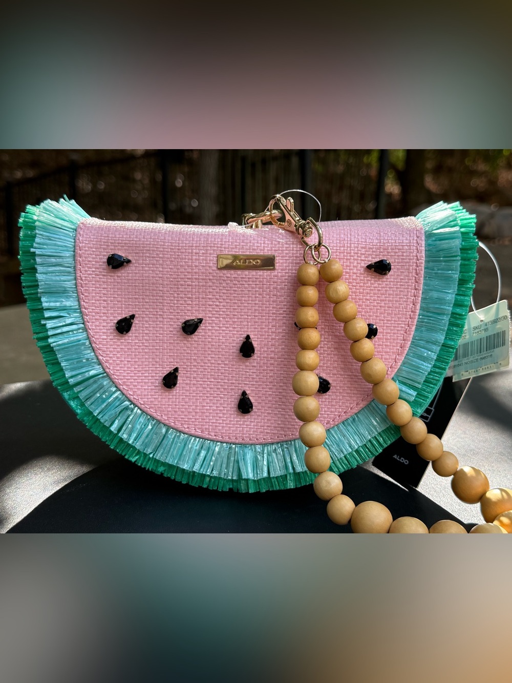 Aldo Pink and Aqua Watermelon Wristlet Key & Card Holder with Beaded Strap